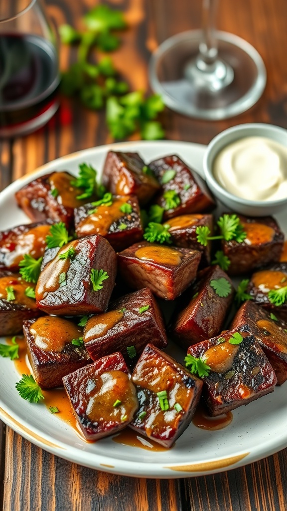 A delectable plate of garlic butter steak bites garnished with parsley, served alongside a dipping sauce and red wine.